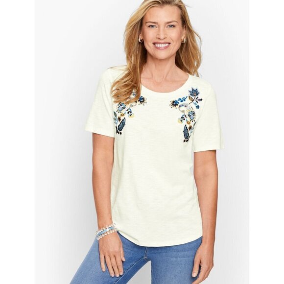 Talbots Embroidered Crewneck Tee Provencal Paisley White Floral Large - Picture 1 of 6